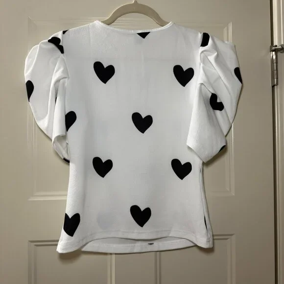 Shein top, white with black hearts, puff sleeves, size small, NWOT - Picture 3 of 3